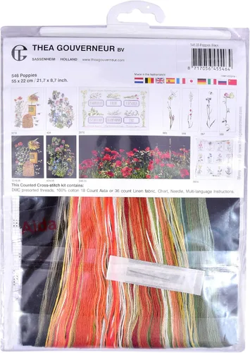 Vista 4 de Thea Gouverneur - Kit de punto de cruz, amapolas - Aida Black - 18 unidades - Kit de bordado para adultos - Hilos de bordado DMC y otros suministros