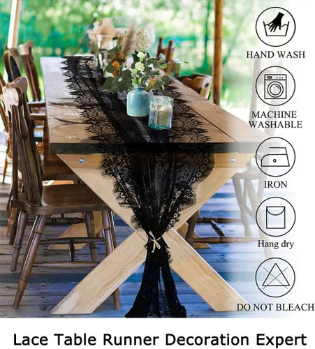 Vista 6 de ShinyBeauty Camino de mesa de encaje negro de 13 x 120 pulgadas, mantel de encaje floral vintage, tela de encaje bordada, caminos de mesa negros