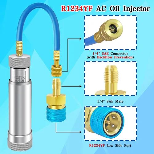 Vista 2 de Inyector de aceite de CA para R1234YF, R134A, R410A, inyector de aceite de tinte HVAC con conector SAE de 1/4", herramienta de inyector de aceite