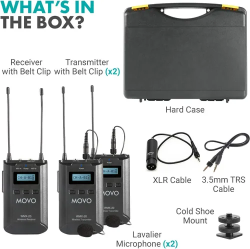 Vista 2 de Movo WMX-20-DUO Sistema de micrófono inalámbrico UHF de 48 canales con 1 receptor, 2 transmisores y 2 micrófonos de solapa compatible con cámaras