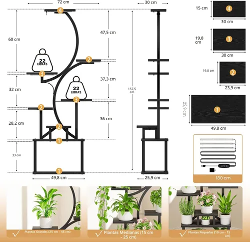 Vista 6 de Soporte para plantas con luces de cultivo para plantas de interior, estante esquinero alto de 8 niveles con luz de espectro completo, en forma de S