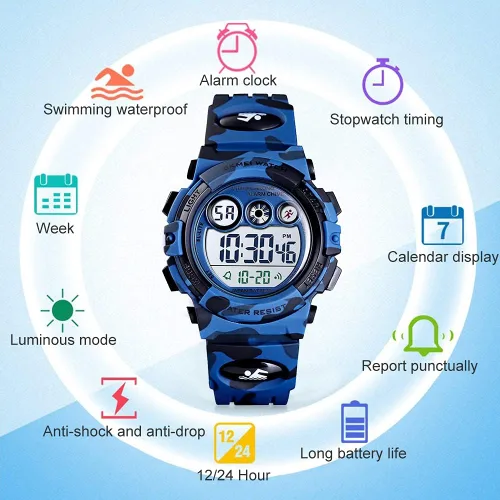 Vista 4 de GOLDEN HOUR Relojes para niños, deportes digitales, impermeables, para niños y niñas, para exteriores, alarma de 1224 horas, retroiluminación