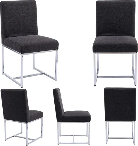 Vista 6 de Juego de 4 sillas de comedor modernas de tela, sillas de comedor tapizadas de lino, silla de cocina sin brazos de mediados de siglo con patas
