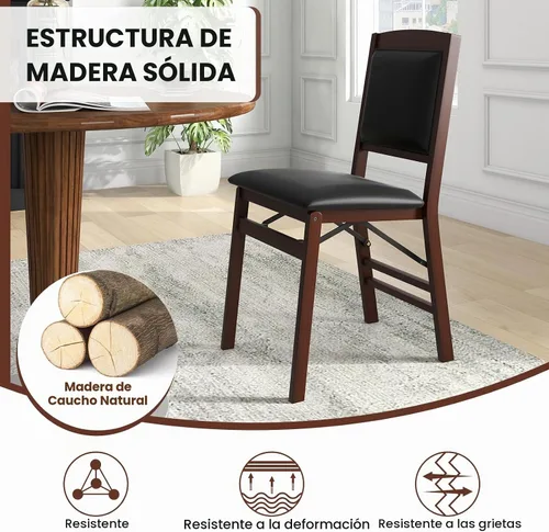 Vista 4 de GIANTEX - Juego de 2 sillas de comedor plegables de madera con asiento acolchado, marco de madera maciza, carga máxima de 400 libras, sin montaje