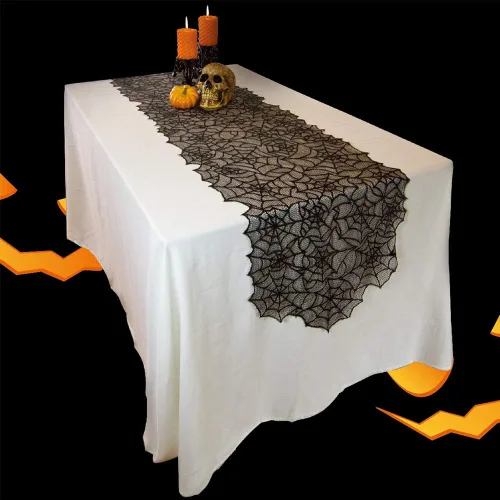 Vista 5 de Orgrimmar El juego de 35 decoraciones de Halloween incluye camino de mesa de telaraña de encaje, cubierta de mesa redonda de encaje, cubierta