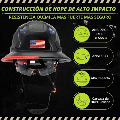 Vista 2 de Cascos de Construcción de ala completa aprobados por la OSHA con visera transparente - Casco de seguridad ANSI Z89.1 ventilado negro con correa