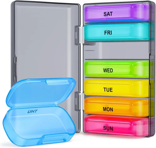 Vista 8 de ZIKEE Paquete de 7 pastilleros extra grande, pastillero portátil para 7 días para bolsillo, bolso, pastillero semanal con diseño de doble