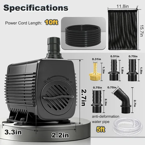 Vista 6 de Knifel Bomba de agua sumergible 400GPH 25W con cable de alimentación de 9.8