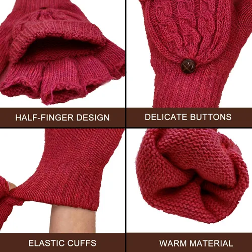 Vista 49 de Beurlike Guantes de invierno para mujer, de lana cálida, a prueba de viento, convertibles, sin dedos
