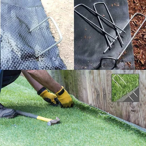Vista 4 de Chiyuehe Estacas de grapas de jardín de 12 pulgadas, 26 estacas de jardín galvanizadas, estacas de metal resistente para asegurar la tela del césped