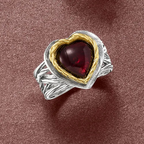 Vista 4 de Ross-Simons Anillo de corazón granate de 4 quilates en plata de ley y oro amarillo de 14 quilates
