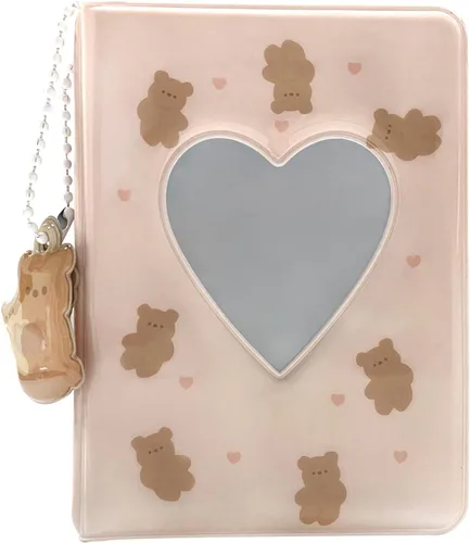 Vista 2 de Mini álbum de fotos de 3 pulgadas, carpeta de tarjetas huecas con corazón, soporte para tarjetas con colgante, 40 bolsillos (oso beige)
