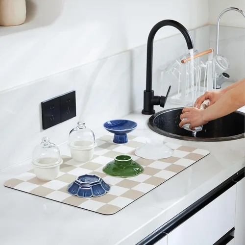 Vista 2 de Ohocut Tapete de secado de platos a cuadros para encimera de cocina, accesorios de estación de cafetería, estética, retro, moderna, absorbente