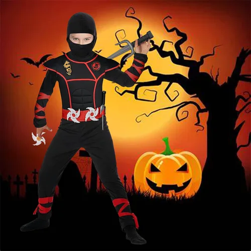 Vista 7 de Disfraz de ninja para niños, disfraz de ninja con máscara negra y accesorios de espuma ninja para Halloween