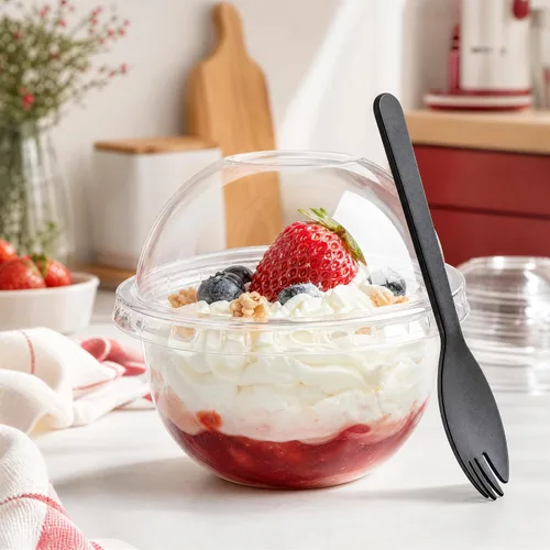 Vista 3 de Pumtus Paquete de 100 tazas de plástico de postre de 8 onzas con tapas de cúpula, tazas de yogur transparente sin agujeros, vasos desechables