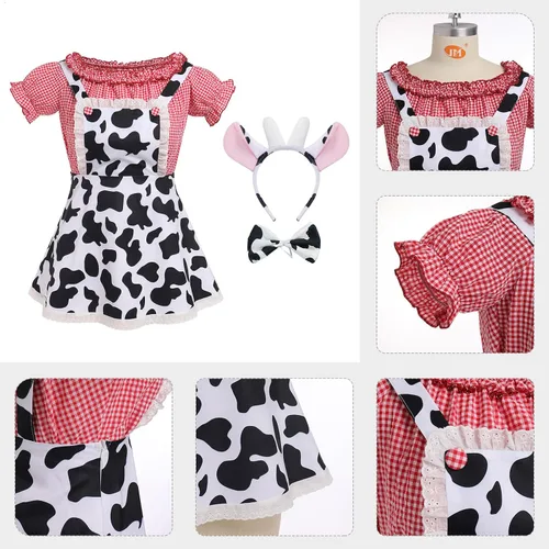 Vista 4 de IMEKIS Disfraz de vaquera occidental para mujer, disfraz de Halloween de vaca + vestido con estampado de vaca + diadema + corbatín para cosplay