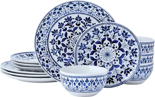Vista 10 de Pfaltzgraff Midnight Blooms - Juego de vajilla de gres floral de 12 piezas, plato, tazón y recipiente, servicio para 4, negro