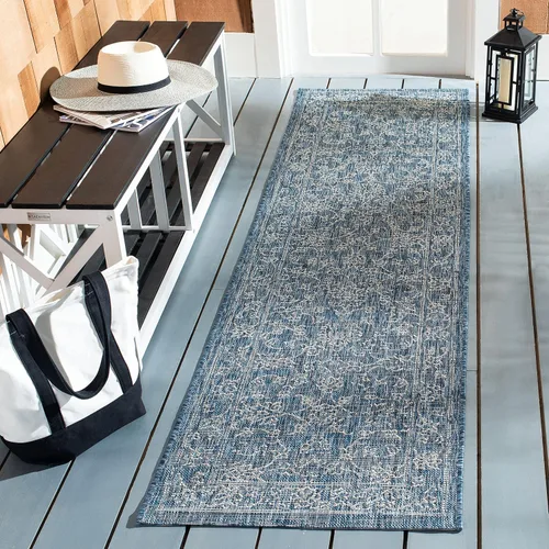 Vista 20 de SAFAVIEH Alfombra lavable al aire libre, colección Courtyard - 2'3" x 5', azul aguamarina y gris, no desprende pelusa y fácil limpieza, ideal