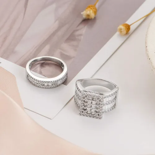 Vista 3 de Hiyong Juego de anillos de boda para mujer, oro blanco, circonita cúbica, anillos de compromiso de plata de moda para mujer
