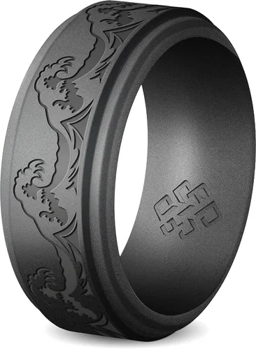 Vista 28 de Knot Theory Anillo de silicona para hombre, grabado de montaña, ondas, bosque, ancho de banda de 0.315 pulgadas, transpirable, ajuste cómodo