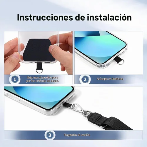 Vista 3 de CACOE Cordón para teléfono, 2 unidades, 1 correa ajustable para el cuello, 1 correa de muñeca, 2 almohadillas, cordón universal multifuncional
