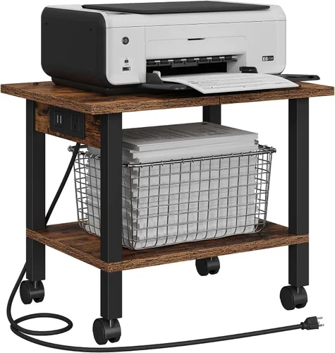 Vista 15 de TUTOTAK Soporte de impresora de 2 niveles, carrito de impresora rodante con tomas de corriente y puertos USB, mesa de impresora móvil con ruedas