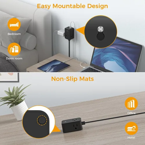 Vista 6 de TESSAN - Tira de alimentación de enchufe plano pequeña, cable de extensión ultrafino de 5 pies, color negro