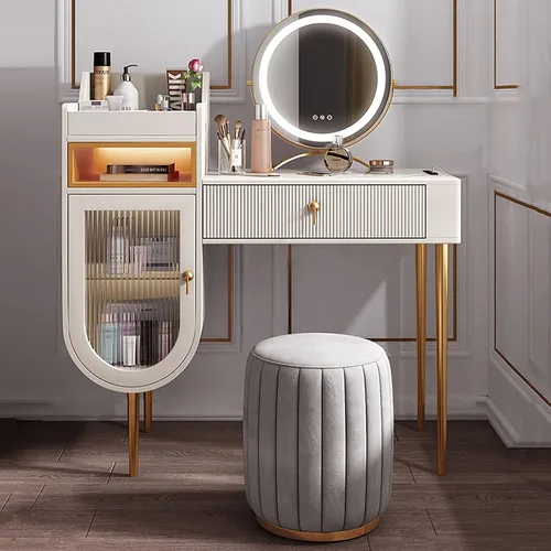 Vista 8 de Tocador con espejo de luces LED, brillo ajustable de luz de 3 colores, mesa de maquillaje con armario y cajón de almacenamiento, taburete acolchado