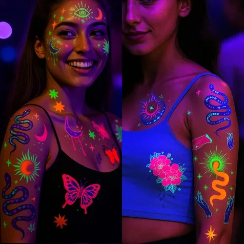 Vista 2 de Tatuajes temporales de neón UV, 12 hojas de tatuajes de fiesta que brillan en la oscuridad para adultos y niñas, patrones de doble vibración
