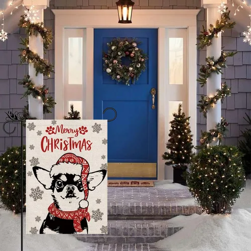 Vista 6 de Sombrero de bandera de jardín de Navidad, perro chihuahua con bufanda, decoración navideña de invierno, vacaciones, arpillera, vertical, doble cara