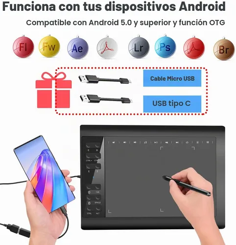 Vista 5 de Tableta de dibujo gráfico, tableta de escritura digital de 10 x 6 pulgadas con 8192 niveles de lápiz óptico para PC/Mac/Android 5.0 y superior