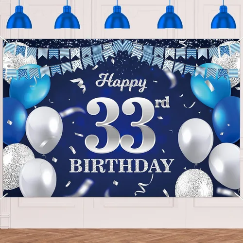 Vista 75 de Bandera de feliz primer cumpleaños con fondo azul marino, globos, confeti, bandera de rayas, luces de puntos, felicitaciones por el tema de 1 año