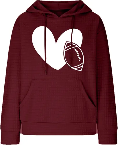 Vista 7 de Sudadera de fútbol para mujer, manga larga, con estampado de corazón, cordón de gofre, holgada, casual, ropa de otoño