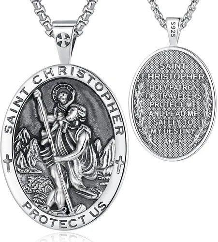 Vista 30 de EUDORA Medalla de plata de ley S925 con collar de San Patrono para mujeres A01-Saint Benedict Medalla