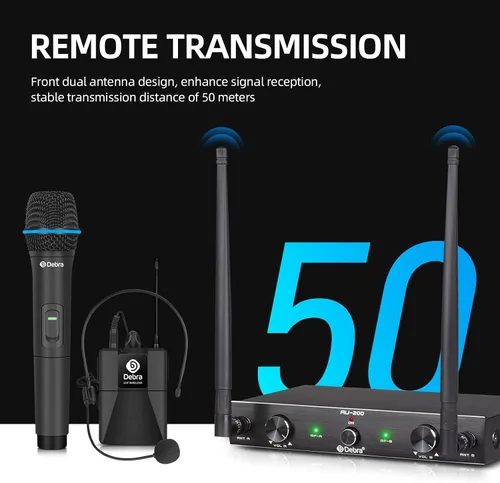Vista 5 de D Debra Audio AU200 Pro UHF Sistema de micrófono inalámbrico de 2 canales con micrófonos de diadema lavalier inalámbricos de mano, receptor