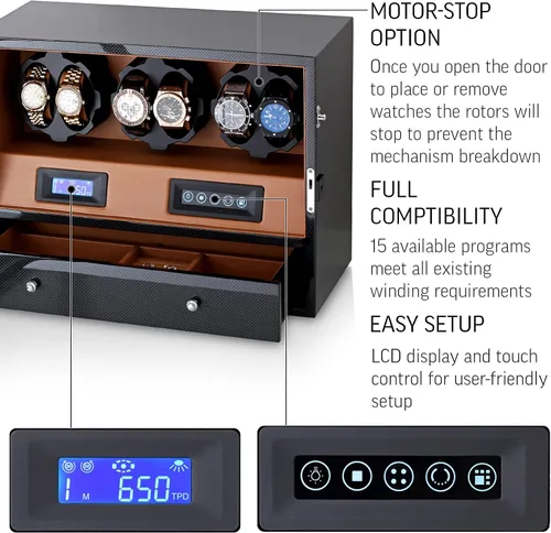 Vista 5 de 6 Watch Winder with Jewelry Storage Drawer, LCD Display, Touch Control and Interior Backlight
