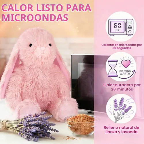 Vista 2 de SuzziPals Almohadilla térmica de conejo rosa calentable y refrigerable para calmar y relajar, peluche de conejo rosa lavanda para molestias