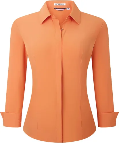 Vista 11 de Alex Vando Camisas de vestir para mujer, sin arrugas, ajuste regular, manga larga, elástica, camisa de trabajo