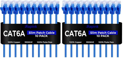 Vista 10 de Rapink Cables de conexión Cat6a 0.5 pies (Paquete de 10) Cable de par trenzado Cat6a delgado, Cable de conexión Ethernet Cat6a de 10G de soporte