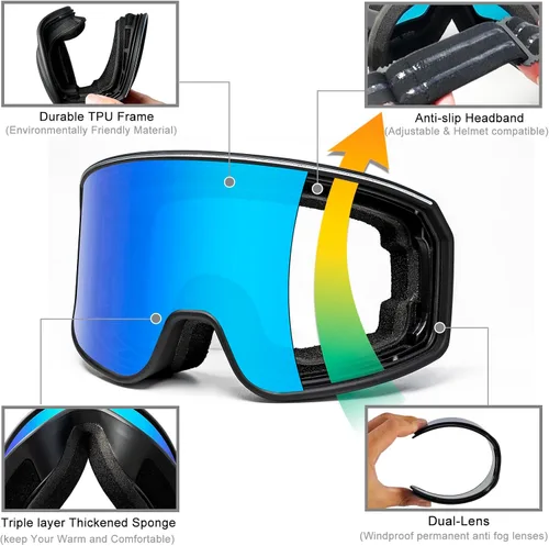 Vista 5 de SPOSUNE Gafas de esquí sobre gafas con doble lente Gafas de nieve antivaho anti-UV para hombres, mujeres, jóvenes, esquí, motos de nieve