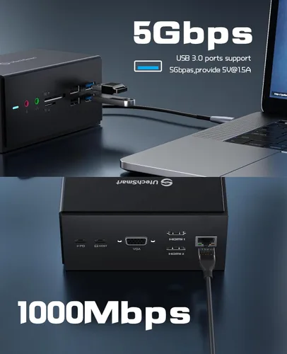 Vista 7 de UtechSmart DisplayLink - Estación de acoplamiento USB C 14 en 1 para laptop con monitores triples, universal para MacBook y Windows, base USB C