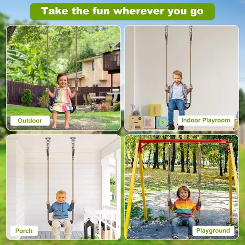 Vista 6 de BeneLabel Asiento de columpio resistente con cuerda ajustable, asientos de columpio de plástico para niños, asiento de columpio negro de repuesto