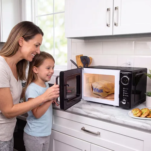 Vista 6 de Nostalgia Horno microondas retro compacto para encimera, 0.7 pies cúbicos, 700 vatios con pantalla digital LED, bloqueo infantil, interior fácil