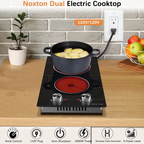 Vista 2 de Noxton Placa de cocina eléctrica de 110 V, 2 quemadores, estufa eléctrica enchufable de 12 pulgadas, uso integrado o sobre el mostrador, 9 niveles
