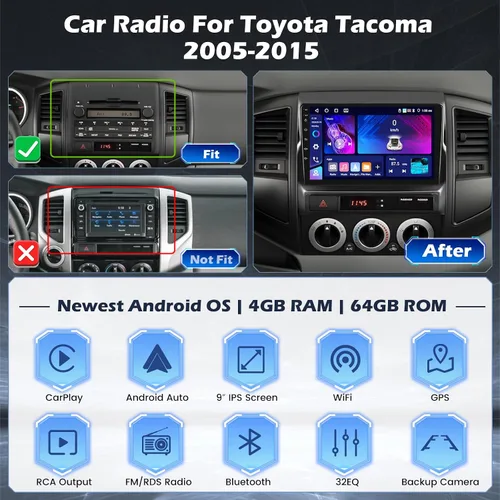 Vista 2 de [5G WiFi DSP 4+64G] Hikity Android 15 Estéreo para automóvil para Toyota Tacoma 2005-2015 con Carplay Android Auto, pantalla táctil IPS de 9