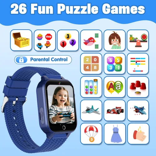 Vista 3 de Reloj inteligente para niños de 5 a 12 años, reloj para niños con 26 juegos, cámara, reproductor de música, podómetro, seguimiento de hábitos, Azul