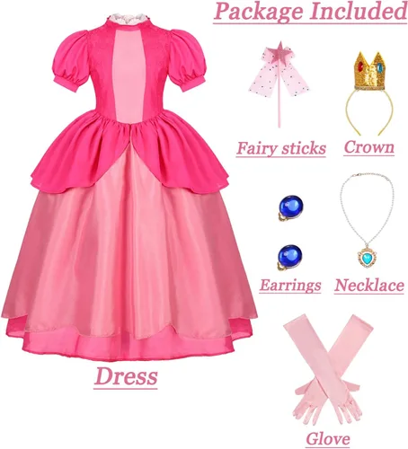 Vista 2 de Disfraz de princesa melocotón para niñas, disfraces de Halloween, súper hermanos, cosplay, cumpleaños, con accesorios de corona