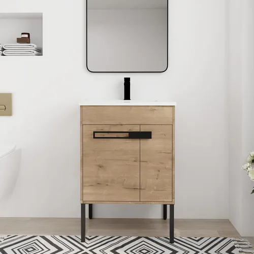 Vista 15 de Tocador de baño negro de 30 pulgadas con fregadero, tocador de baño independiente, tocador de baño, armario de tocador, 2 cajones y 1 estante abierto