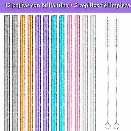 Vista 8 de NiHome - 12 popotes de plástico con purpurina para vaso Stanley de 40 onzas, 6 colores 12 pajitas + 2 cepillos