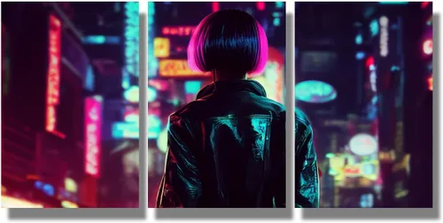 Vista 49 de Lienzo decorativo para pared, diseño de ciudad futurista Cyberpunk para sala de estar, impresión multipanel, obra de arte de cocina, pintura